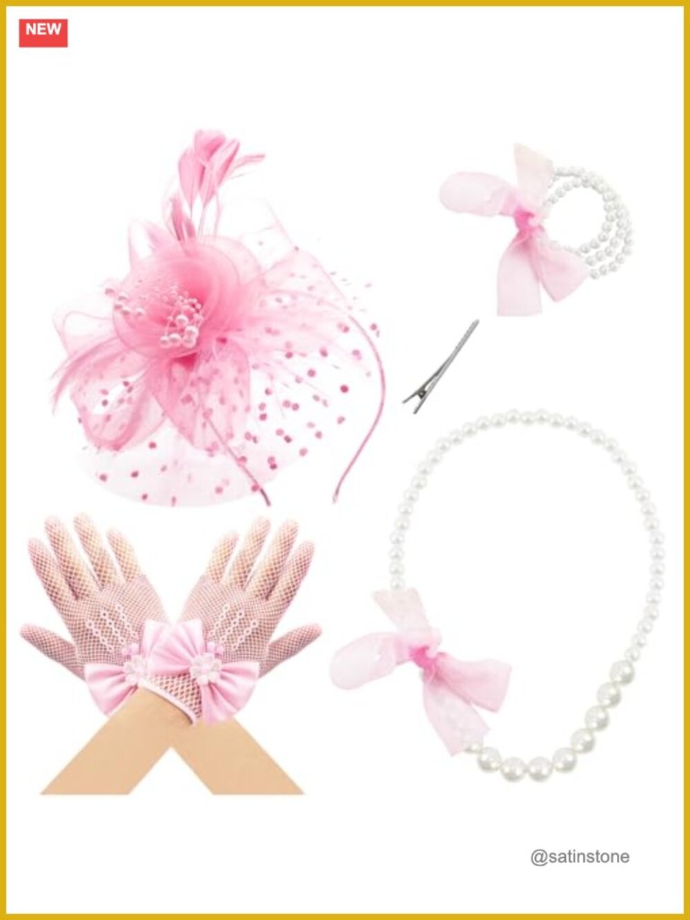 Fascinators Hat Set Bow Gloves Pearl Necklace Bracelet Mesh Veil Feather
